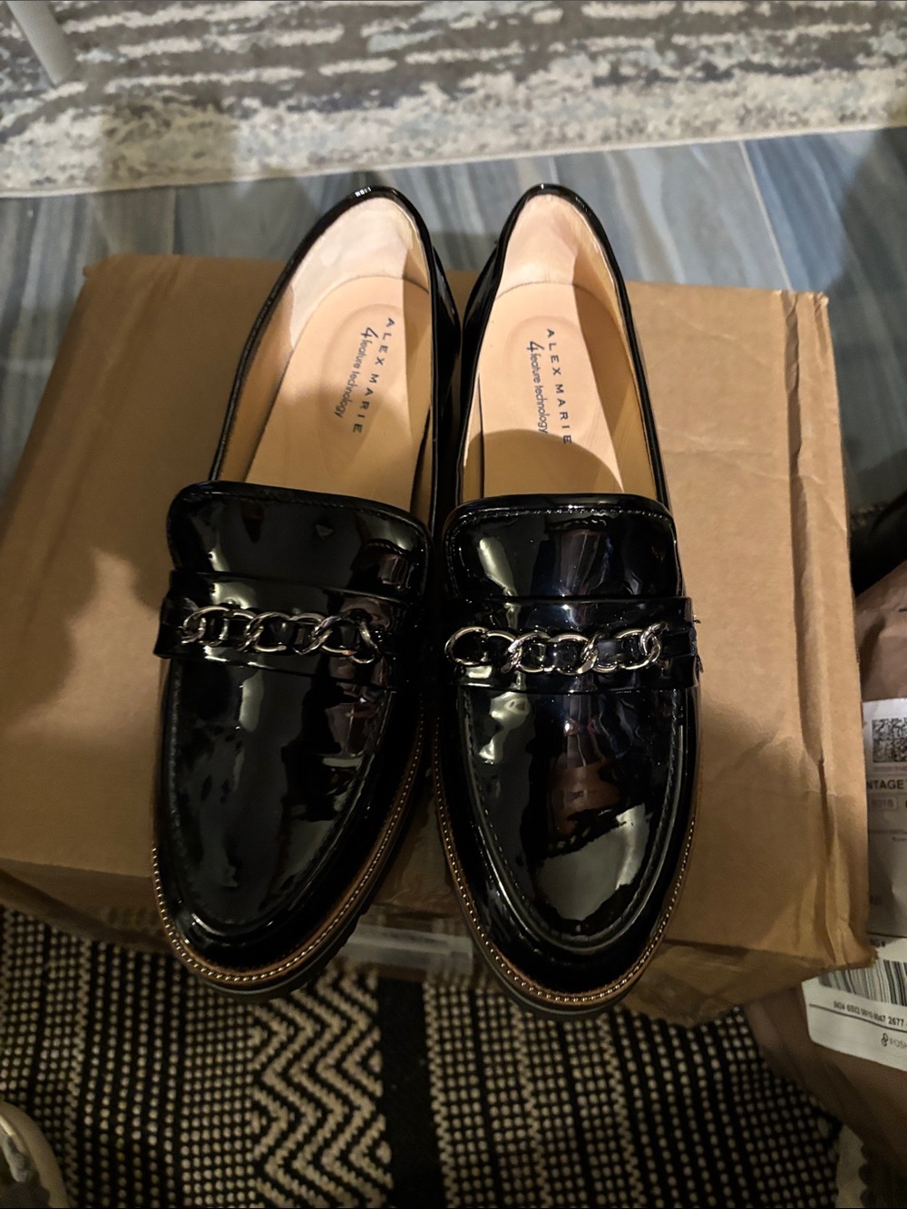 Alex Marie Black Patent Loafers with Chain Detail